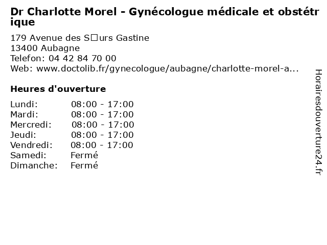 Dr Charlotte Morel - Gynécologue médicale et obstétrique à Aubagne: adresse et heures d'ouverture