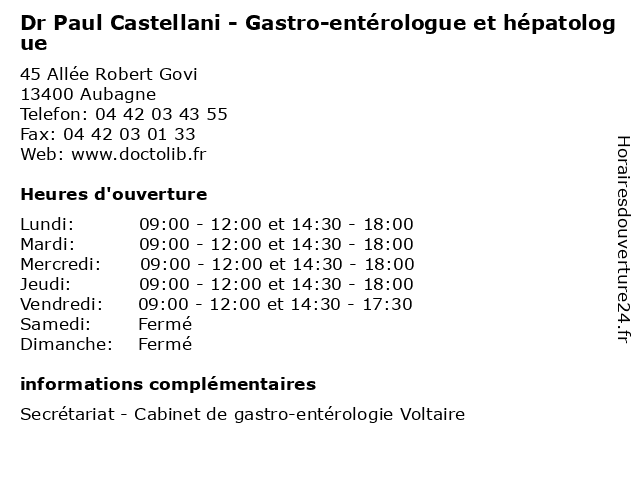 Dr Paul Castellani - Gastro-entérologue et hépatologue à Aubagne: adresse et heures d'ouverture
