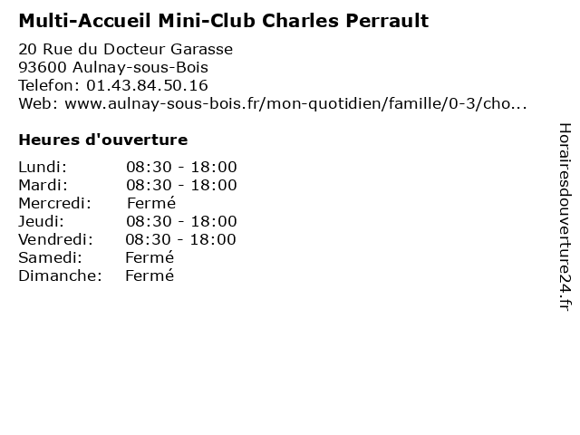 Multi-Accueil Mini-Club Charles Perrault à Aulnay-sous-Bois: adresse et heures d'ouverture
