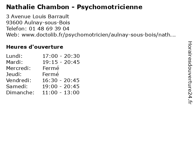 Nathalie Chambon - Psychomotricienne à Aulnay-sous-Bois: adresse et heures d'ouverture