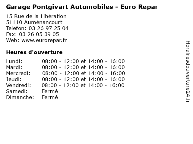 Garage Pontgivart Automobiles - Euro Repar à Auménancourt: adresse et heures d'ouverture
