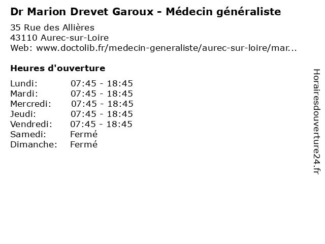 Dr Marion Drevet Garoux - Médecin généraliste à Aurec-sur-Loire: adresse et heures d'ouverture