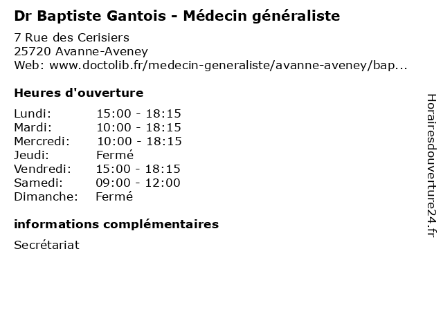 Dr Baptiste Gantois - Médecin généraliste à Avanne-Aveney: adresse et heures d'ouverture