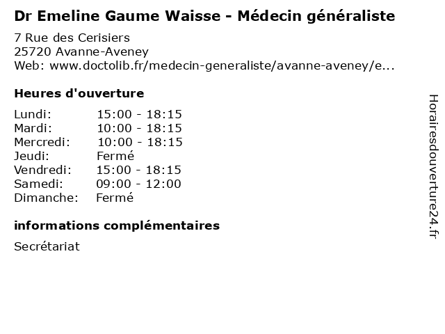 Dr Emeline Gaume Waisse - Médecin généraliste à Avanne-Aveney: adresse et heures d'ouverture