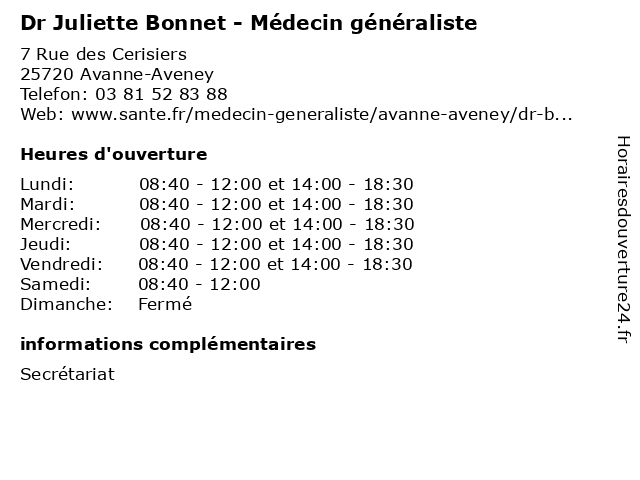Dr Juliette Bonnet - Médecin généraliste à Avanne-Aveney: adresse et heures d'ouverture