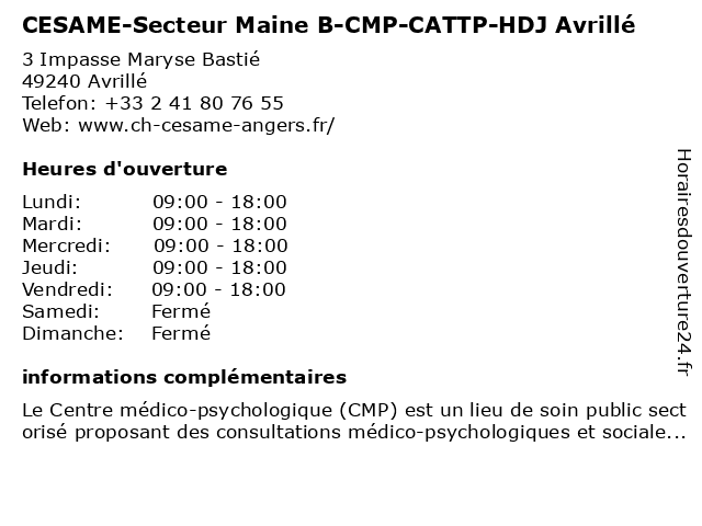 CESAME-Secteur Maine B-CMP-CATTP-HDJ Avrillé à Avrillé: adresse et heures d'ouverture