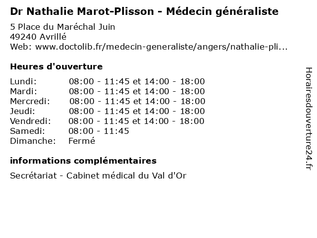 Dr Nathalie Marot-Plisson - Médecin généraliste à Avrillé: adresse et heures d'ouverture