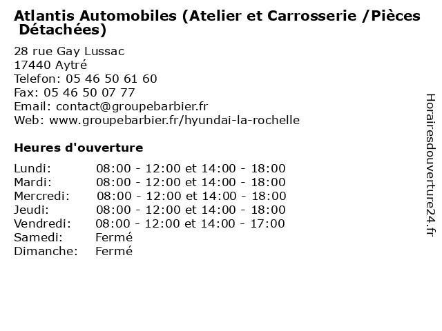 Atlantis Automobiles (Atelier et Carrosserie /Pièces Détachées) à Aytré: adresse et heures d'ouverture