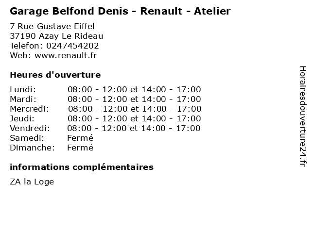 Garage Belfond Denis - Renault - Atelier à Azay Le Rideau: adresse et heures d'ouverture