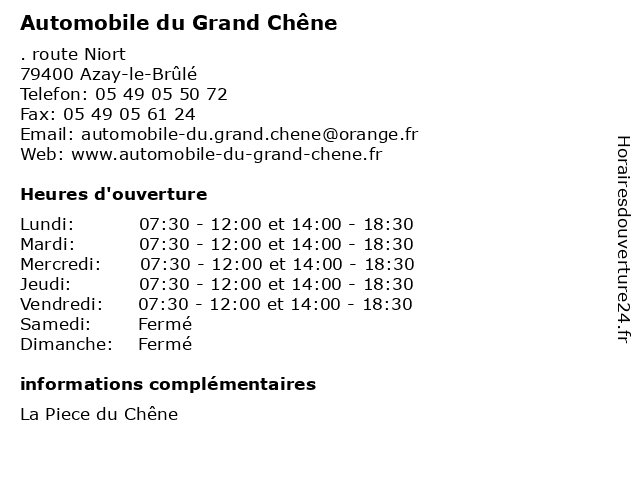 Automobile du Grand Chêne à Azay-le-Brûlé: adresse et heures d'ouverture
