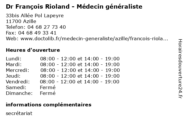 Dr François Rioland - Médecin généraliste à Azille: adresse et heures d'ouverture