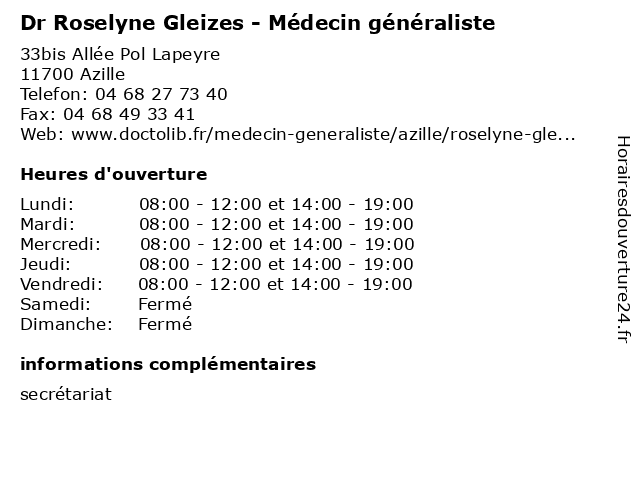 Dr Roselyne Gleizes - Médecin généraliste à Azille: adresse et heures d'ouverture