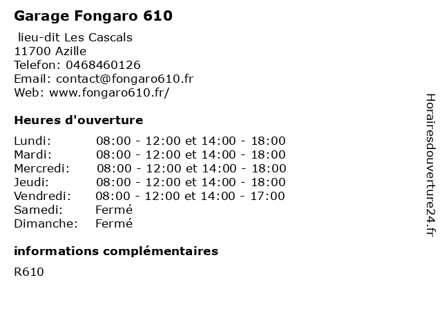 Garage Fongaro 610 à Azille: adresse et heures d'ouverture
