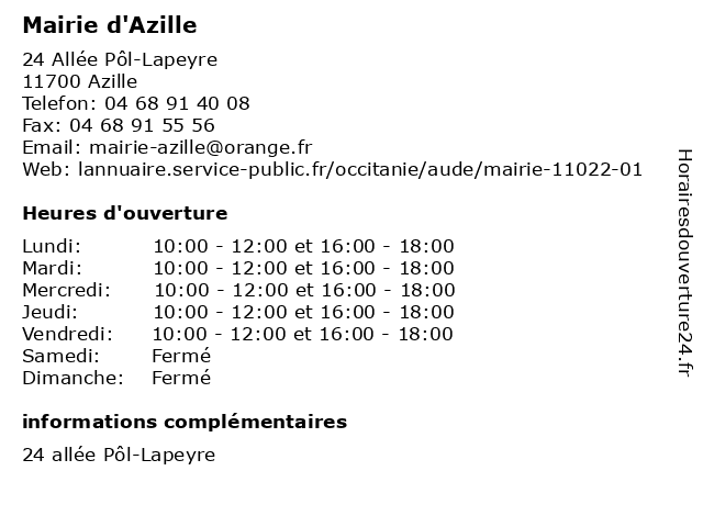Mairie d'Azille à Azille: adresse et heures d'ouverture