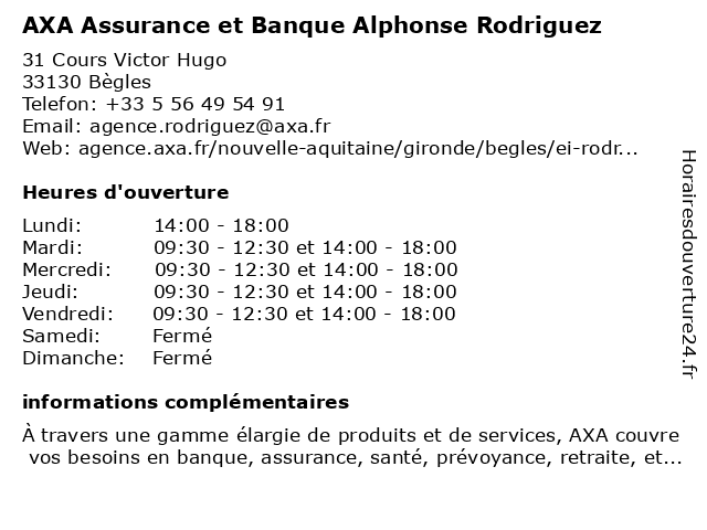 AXA Assurance et Banque Alphonse Rodriguez à Bègles: adresse et heures d'ouverture