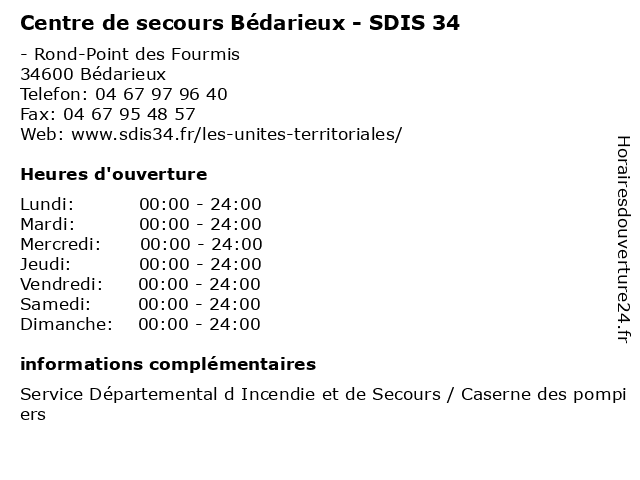 Centre de secours Bédarieux - SDIS 34 à Bédarieux: adresse et heures d'ouverture