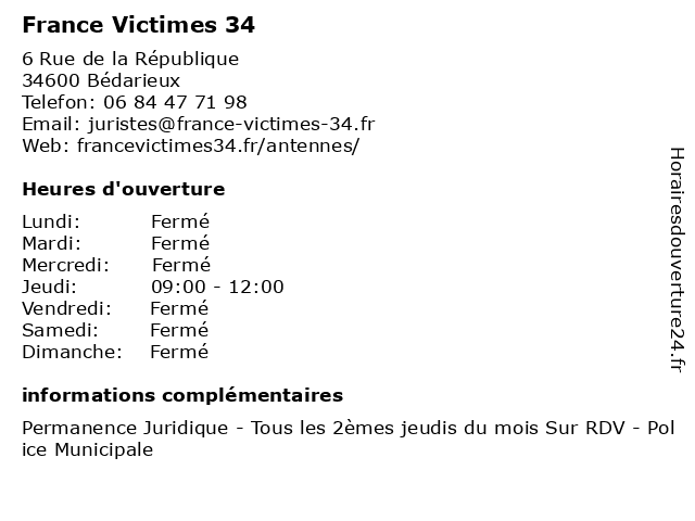 France Victimes 34 à Bédarieux: adresse et heures d'ouverture