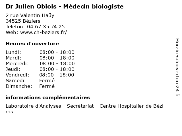 Dr Julien Obiols - Médecin biologiste à Béziers: adresse et heures d'ouverture