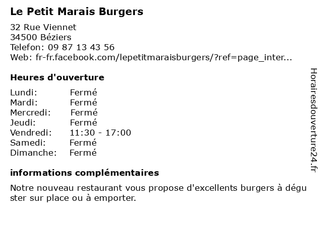 Le Petit Marais Burgers à Béziers: adresse et heures d'ouverture