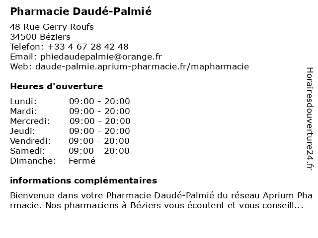 Pharmacie Daudé-Palmié à Béziers: adresse et heures d'ouverture