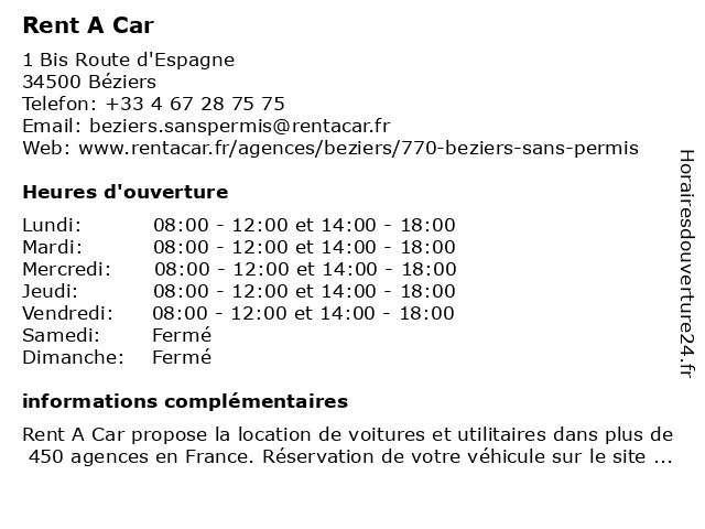 Rent A Car à Béziers: adresse et heures d'ouverture