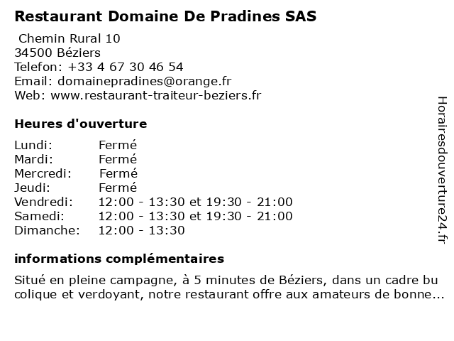 Restaurant Domaine De Pradines SAS à Béziers: adresse et heures d'ouverture