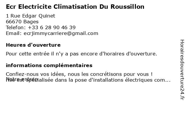 Ecr Electricite Climatisation Du Roussillon à Bages: adresse et heures d'ouverture