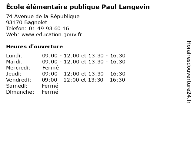 École élémentaire publique Paul Langevin à Bagnolet: adresse et heures d'ouverture