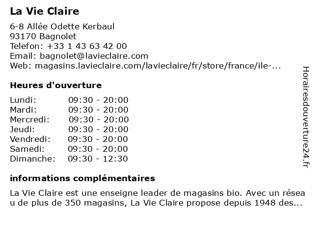 La Vie Claire à Bagnolet: adresse et heures d'ouverture