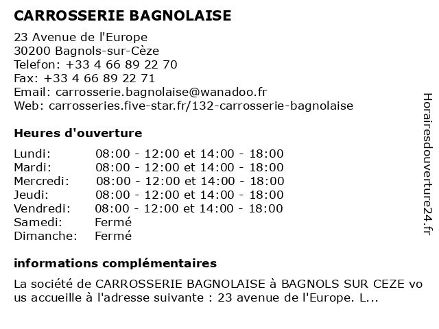 CARROSSERIE BAGNOLAISE à Bagnols-sur-Cèze: adresse et heures d'ouverture