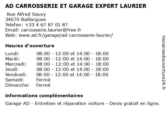 AD CARROSSERIE ET GARAGE EXPERT LAURIER à Baillargues: adresse et heures d'ouverture