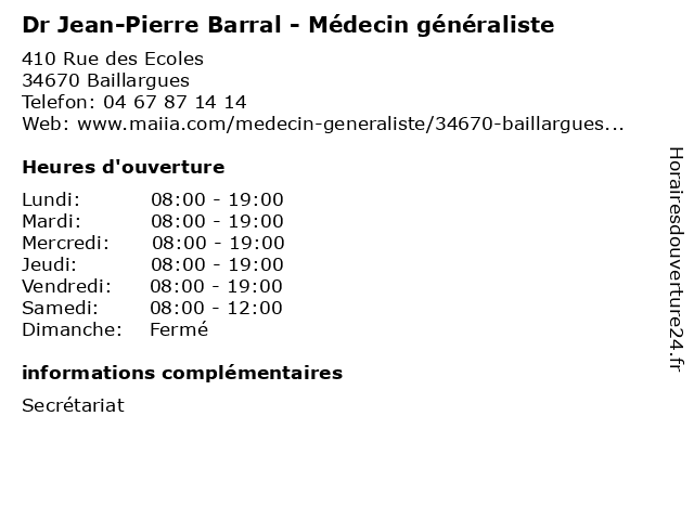 Dr Jean-Pierre Barral - Médecin généraliste à Baillargues: adresse et heures d'ouverture