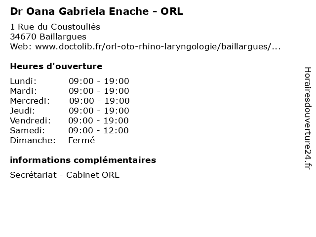 Dr Oana Gabriela Enache - ORL à Baillargues: adresse et heures d'ouverture