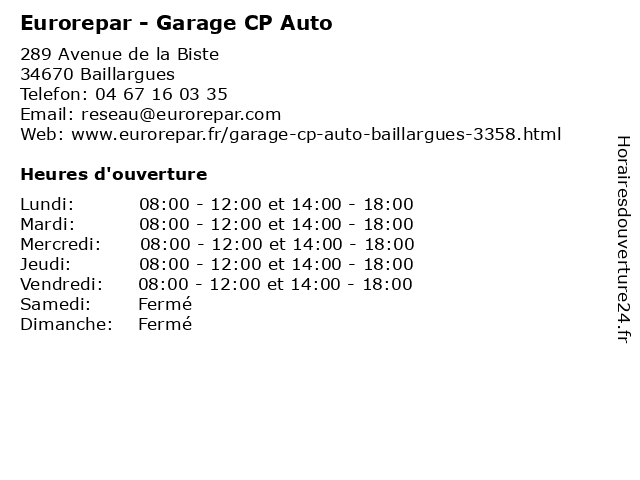 Eurorepar - Garage CP Auto à Baillargues: adresse et heures d'ouverture