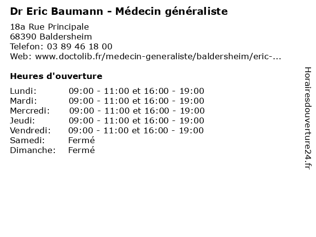 Dr Eric Baumann - Médecin généraliste à Baldersheim: adresse et heures d'ouverture