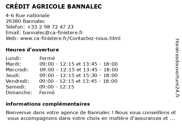 CRÉDIT AGRICOLE BANNALEC à Bannalec: adresse et heures d'ouverture