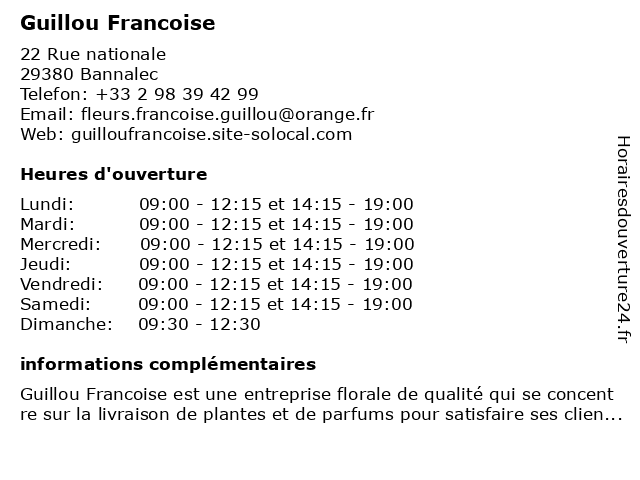 Guillou Francoise à Bannalec: adresse et heures d'ouverture