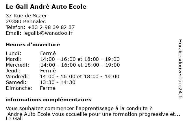 Le Gall André Auto Ecole à Bannalec: adresse et heures d'ouverture