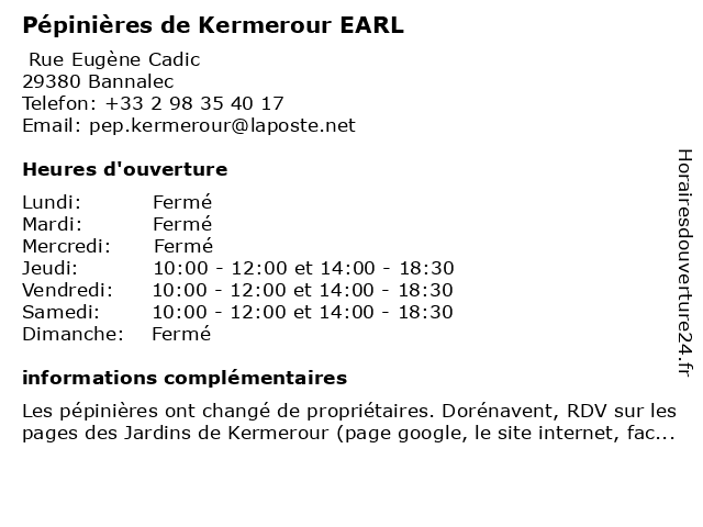 Pépinières de Kermerour EARL à Bannalec: adresse et heures d'ouverture