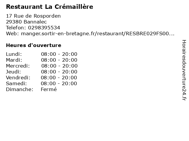 Restaurant La Crémaillère à Bannalec: adresse et heures d'ouverture