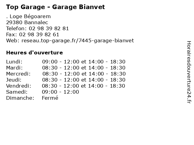 Sarl Garage Bianvet à Bannalec: adresse et heures d'ouverture