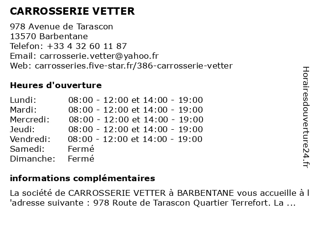 CARROSSERIE VETTER à Barbentane: adresse et heures d'ouverture