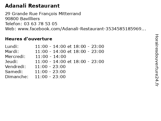 Adanali Restaurant à Bavilliers: adresse et heures d'ouverture