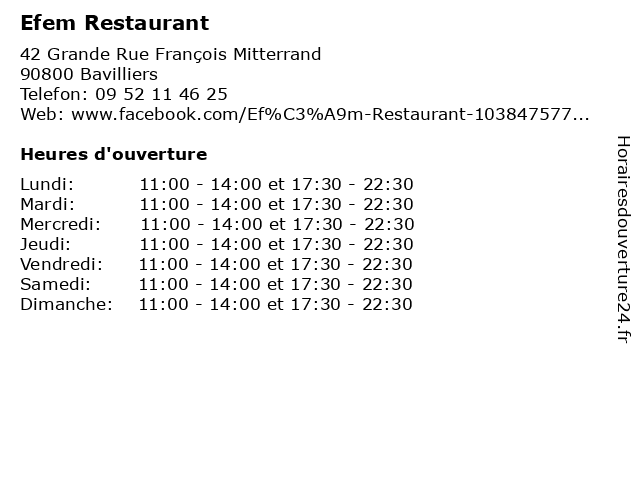 Efem Restaurant à Bavilliers: adresse et heures d'ouverture