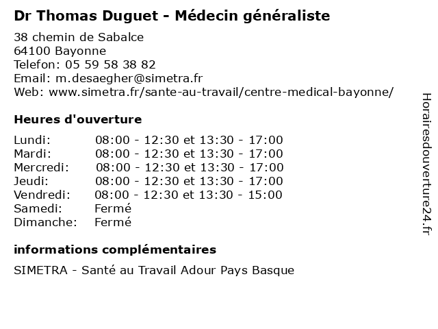 Dr Thomas Duguet - Médecin généraliste à Bayonne: adresse et heures d'ouverture