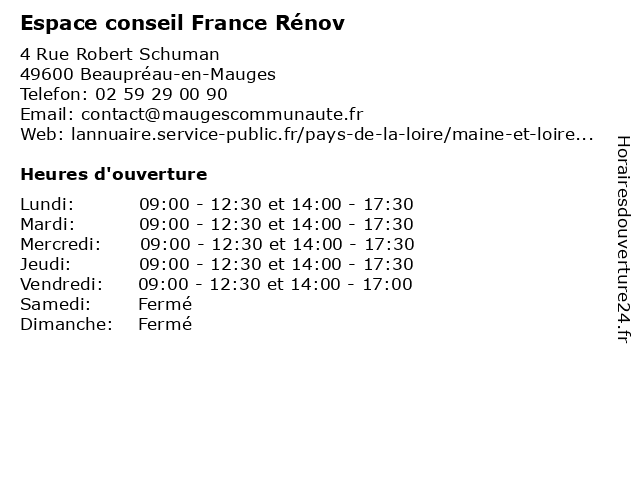 Espace conseil France Rénov à Beaupréau-en-Mauges: adresse et heures d'ouverture