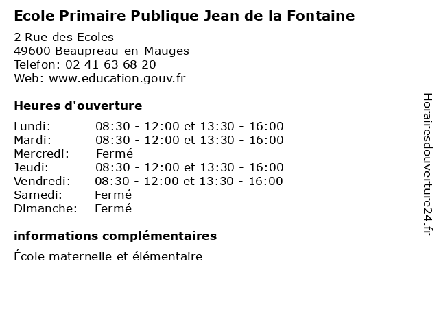 Ecole Primaire Publique Jean de la Fontaine à Beaupreau-en-Mauges: adresse et heures d'ouverture