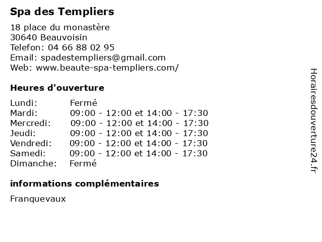 Spa des Templiers à Beauvoisin: adresse et heures d'ouverture