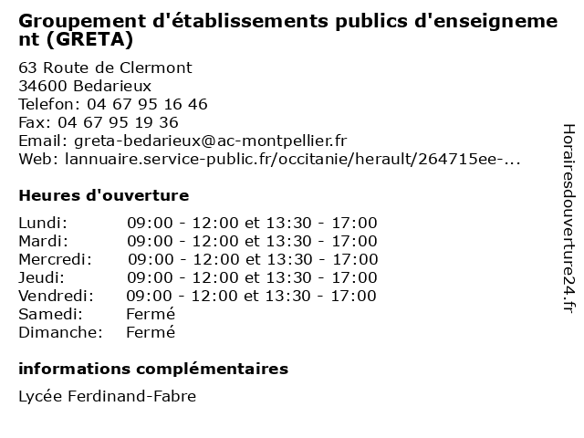 Groupement d'établissements publics d'enseignement (GRETA) à Bedarieux: adresse et heures d'ouverture