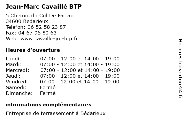 Jean-Marc Cavaillé BTP à Bedarieux: adresse et heures d'ouverture
